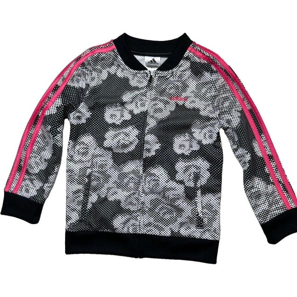 Adidas Jacket Girls 6 Black & Gray Floral With Pink Detail Stripe Logo